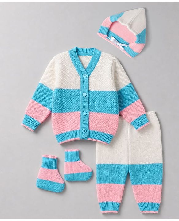Babyhug Knit Full Sleeves Color Block Sweater Set With Cap & Booties -  White & Blue