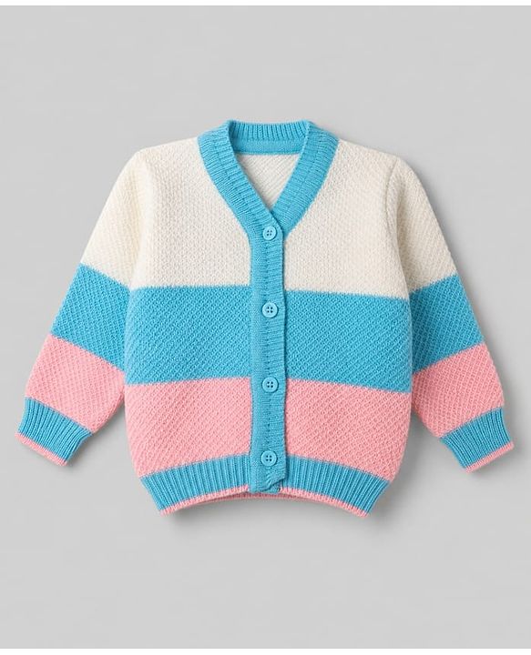 Babyhug Knit Full Sleeves Color Block Sweater Set With Cap & Booties -  White & Blue