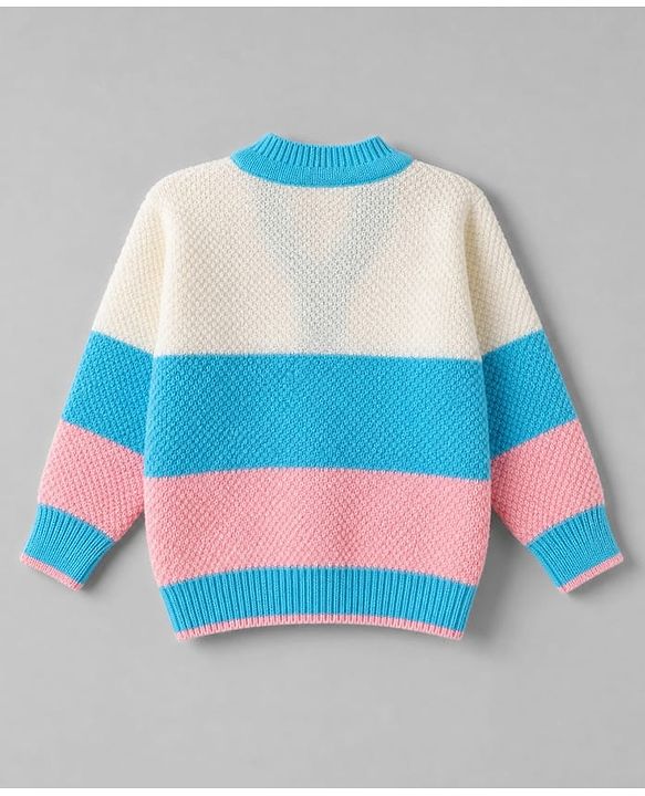 Babyhug Knit Full Sleeves Color Block Sweater Set With Cap & Booties -  White & Blue