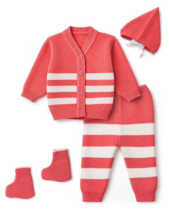 Babyhug Knit Full Sleeves Color Block Design Sweater Set with Cap & Booties - Coral