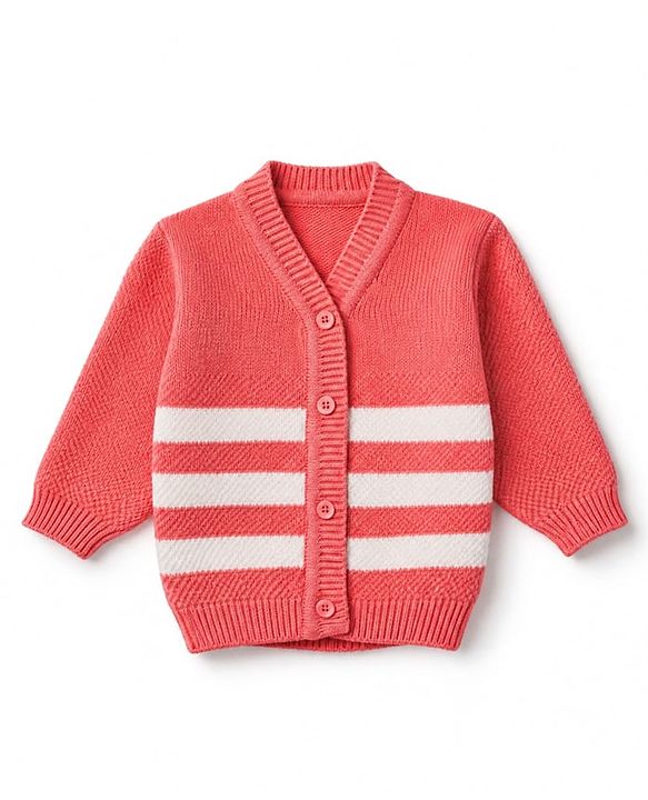 Babyhug Knit Full Sleeves Color Block Design Sweater Set with Cap & Booties - Coral
