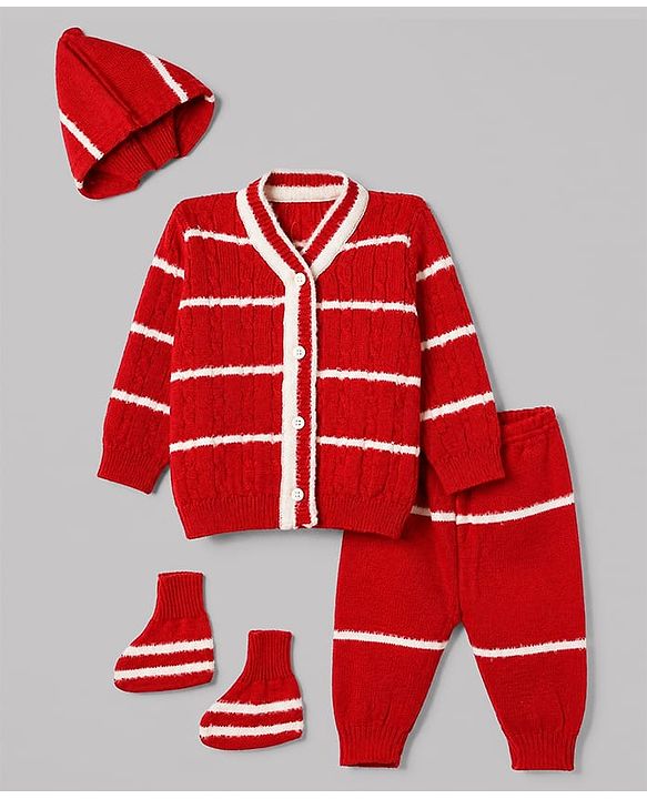 Babyhug Knit Full Sleeves Striped Sweater Set with Cap & Booties in Red