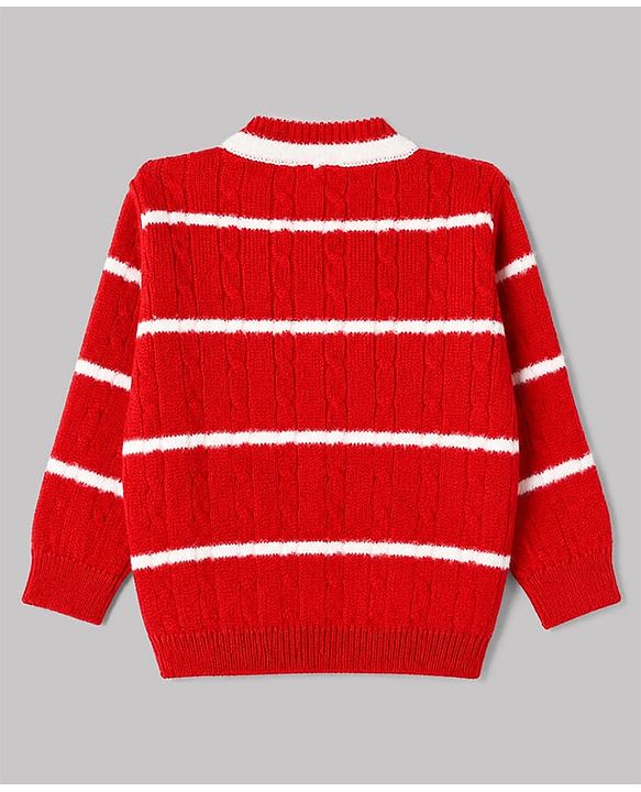 Babyhug Knit Full Sleeves Striped Sweater Set with Cap & Booties in Red