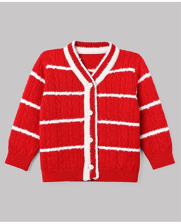 Babyhug Knit Full Sleeves Striped Sweater Set with Cap & Booties in Red