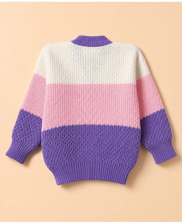 Babyhug Knit Full Sleeves Color Block Sweater Set With Cap & Booties - White & Lavender