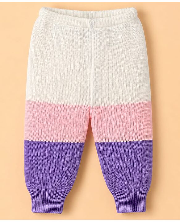 Babyhug Knit Full Sleeves Color Block Sweater Set With Cap & Booties - White & Lavender