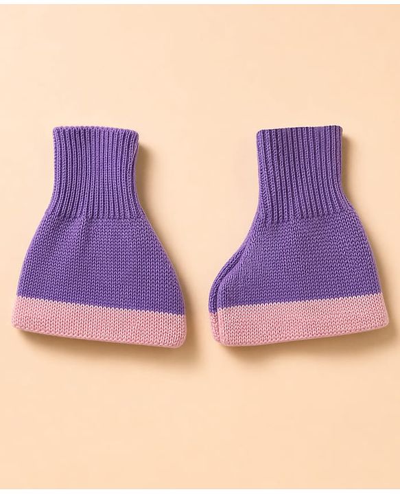 Babyhug Knit Full Sleeves Color Block Sweater Set With Cap & Booties - White & Lavender