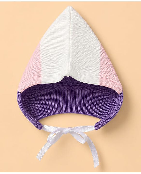 Babyhug Knit Full Sleeves Color Block Sweater Set With Cap & Booties - White & Lavender