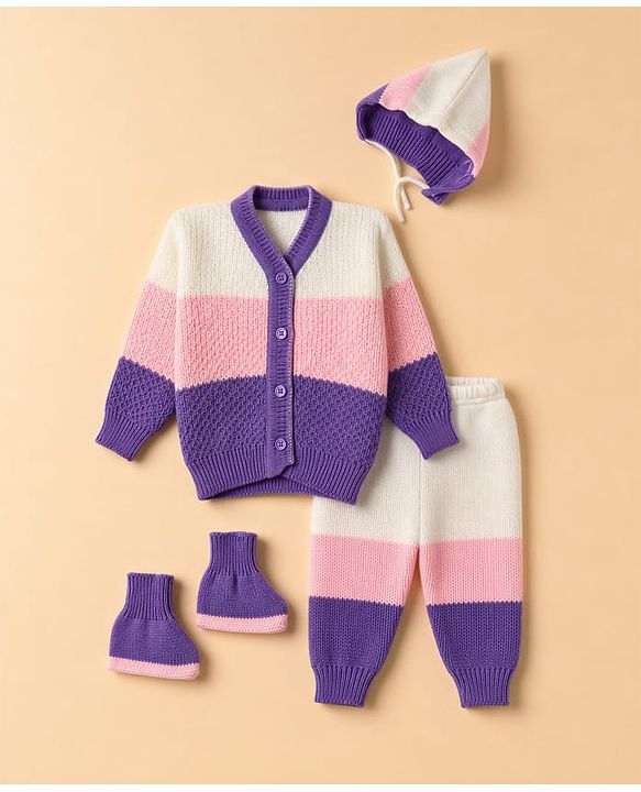 Babyhug Knit Full Sleeves Color Block Sweater Set With Cap & Booties - White & Lavender