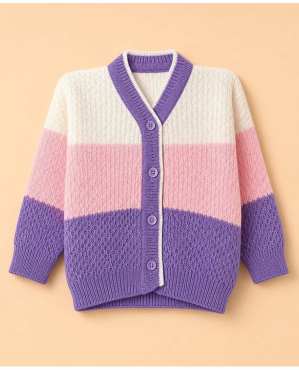 Babyhug Knit Full Sleeves Color Block Sweater Set With Cap & Booties - White & Lavender