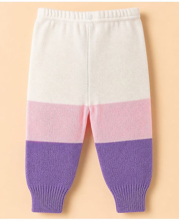 Babyhug Knit Full Sleeves Color Block Sweater Set With Cap & Booties - White & Lavender