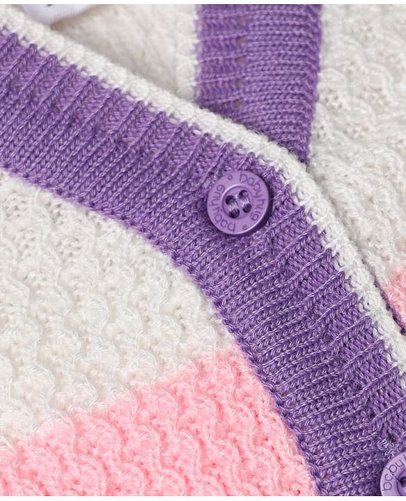 Babyhug Knit Full Sleeves Color Block Sweater Set With Cap & Booties - White & Lavender