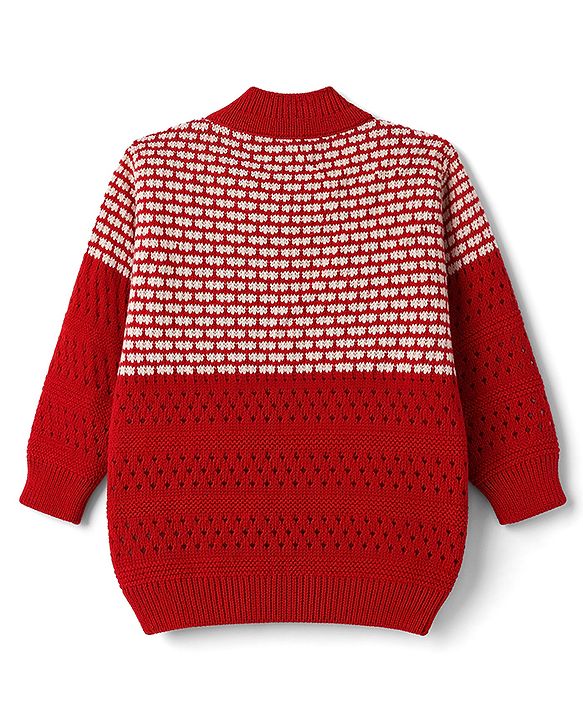Babyhug Knit Full Sleeves Abstract Design Sweater Set with Cap & Booties - Red