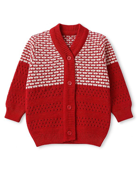 Babyhug Knit Full Sleeves Abstract Design Sweater Set with Cap & Booties - Red