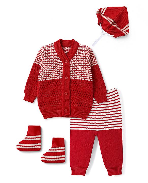 Babyhug Knit Full Sleeves Abstract Design Sweater Set with Cap & Booties - Red