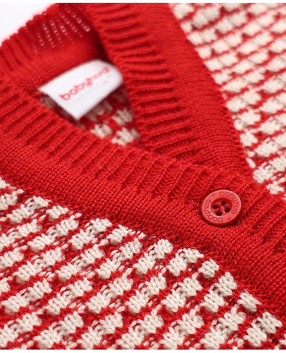 Babyhug Knit Full Sleeves Abstract Design Sweater Set with Cap & Booties - Red