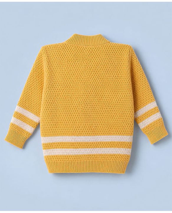 Babyhug Knit Full Sleeves Striped Sweater Set With Cap & Booties - White & Yellow