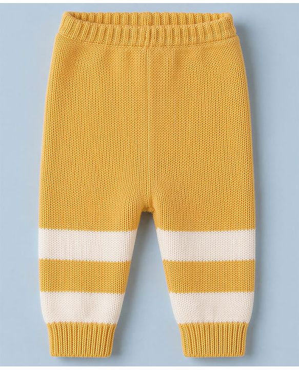 Babyhug Knit Full Sleeves Striped Sweater Set With Cap & Booties - White & Yellow