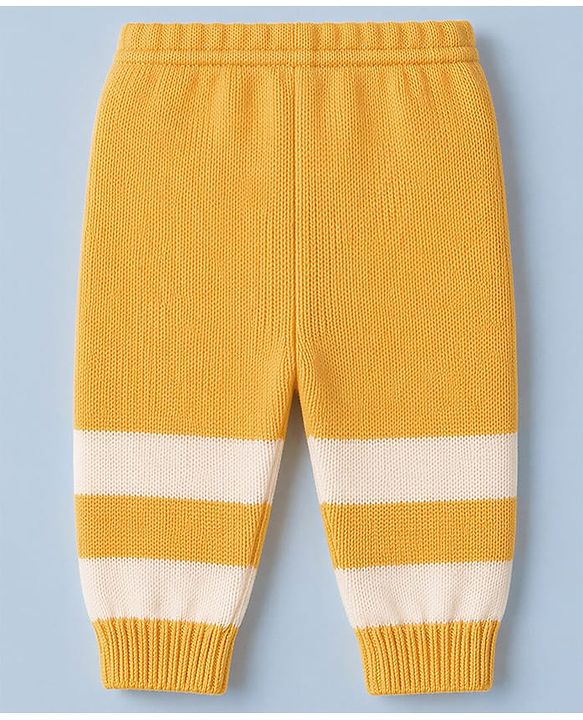 Babyhug Knit Full Sleeves Striped Sweater Set With Cap & Booties - White & Yellow