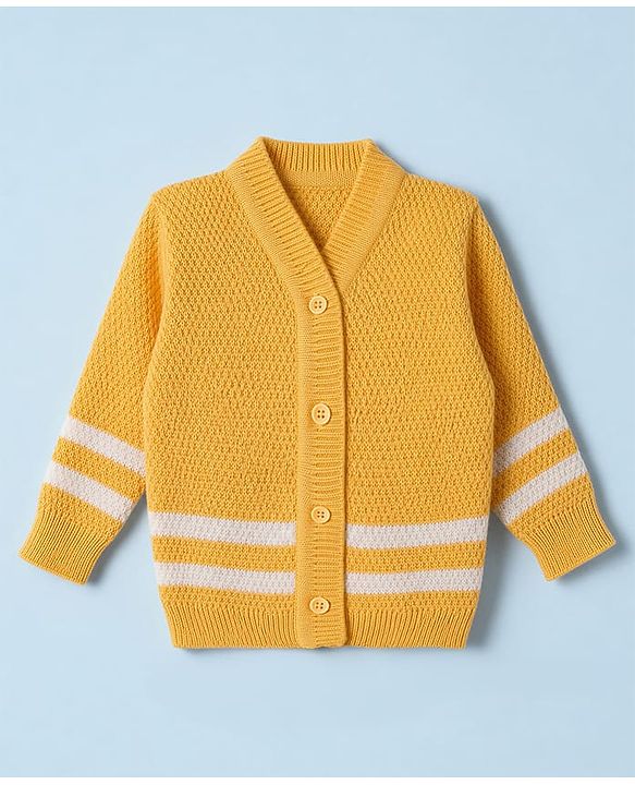 Babyhug Knit Full Sleeves Striped Sweater Set With Cap & Booties - White & Yellow