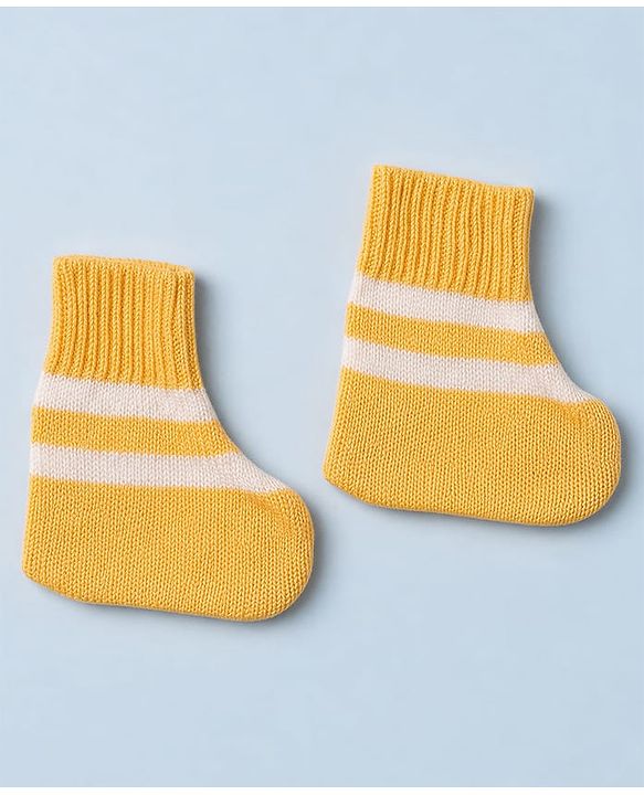 Babyhug Knit Full Sleeves Striped Sweater Set With Cap & Booties - White & Yellow