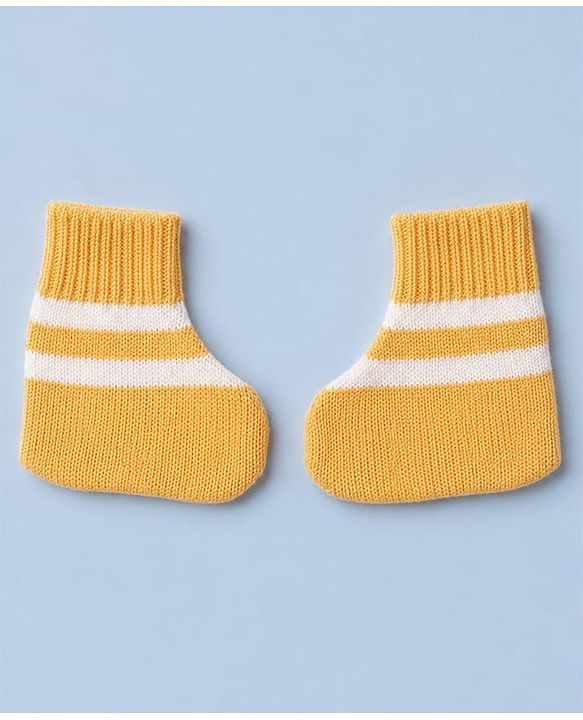 Babyhug Knit Full Sleeves Striped Sweater Set With Cap & Booties - White & Yellow