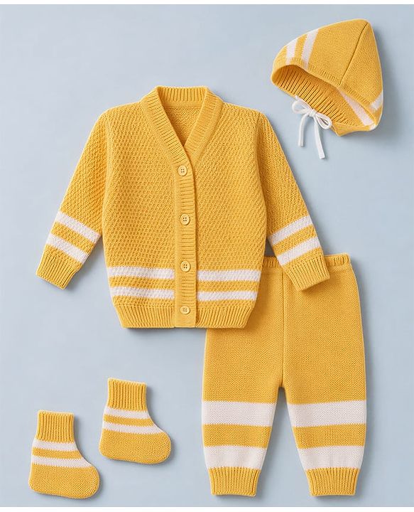 Babyhug Knit Full Sleeves Striped Sweater Set With Cap & Booties - White & Yellow