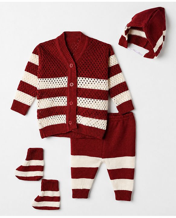 Babyhug Knit Full Length Sweater Set With Cap & Booties Full Sleeves and Striped Print in Maroon