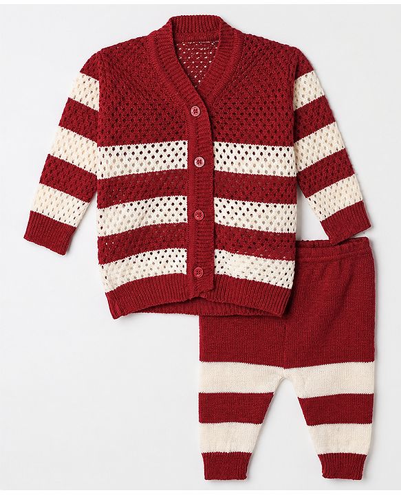 Babyhug Knit Full Length Sweater Set With Cap & Booties Full Sleeves and Striped Print in Maroon