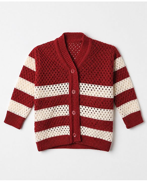Babyhug Knit Full Length Sweater Set With Cap & Booties Full Sleeves and Striped Print in Maroon