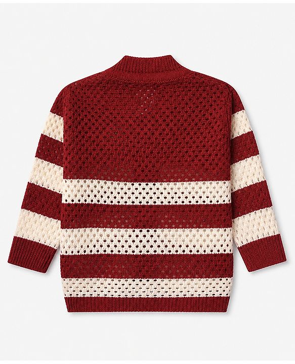 Babyhug Knit Full Length Sweater Set With Cap & Booties Full Sleeves and Striped Print in Maroon