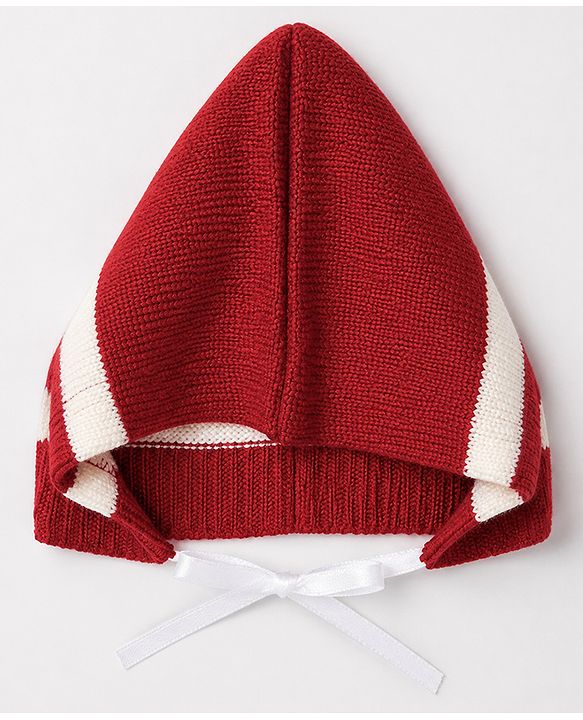 Babyhug Knit Full Length Sweater Set With Cap & Booties Full Sleeves and Striped Print in Maroon