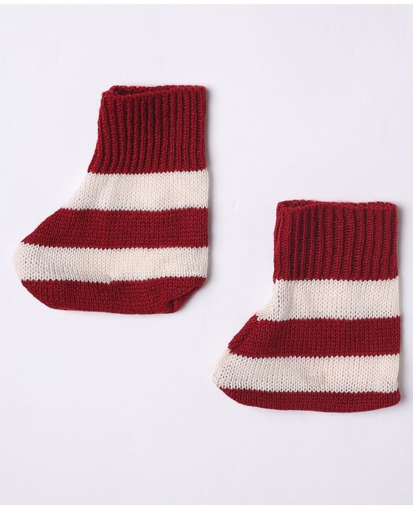 Babyhug Knit Full Length Sweater Set With Cap & Booties Full Sleeves and Striped Print in Maroon