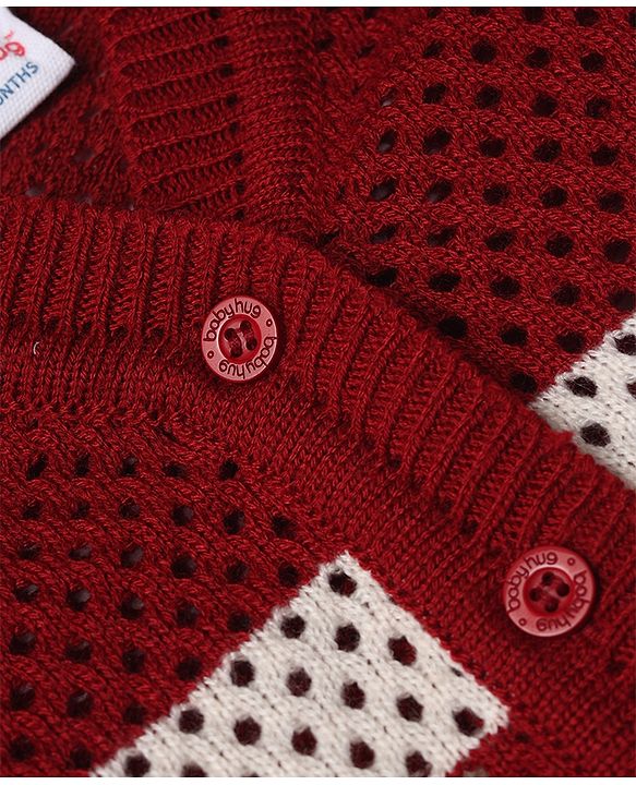 Babyhug Knit Full Length Sweater Set With Cap & Booties Full Sleeves and Striped Print in Maroon