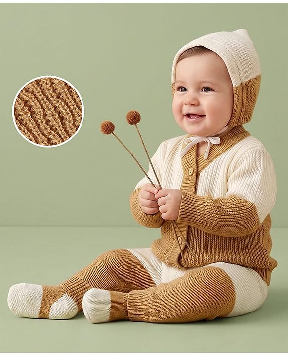 Babyhug Knit Full Sleeves Color Block Sweater Set With Cap & Booties - White & Beige