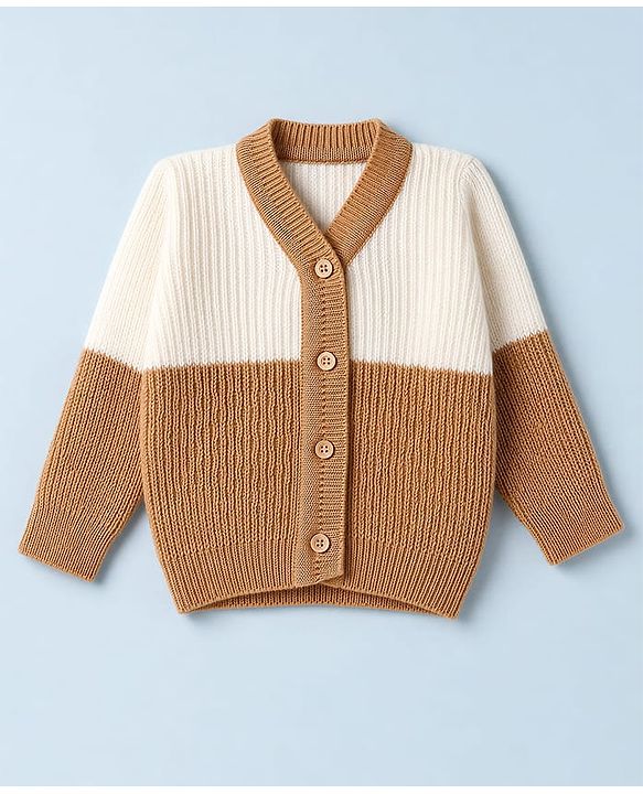 Babyhug Knit Full Sleeves Color Block Sweater Set With Cap & Booties - White & Beige