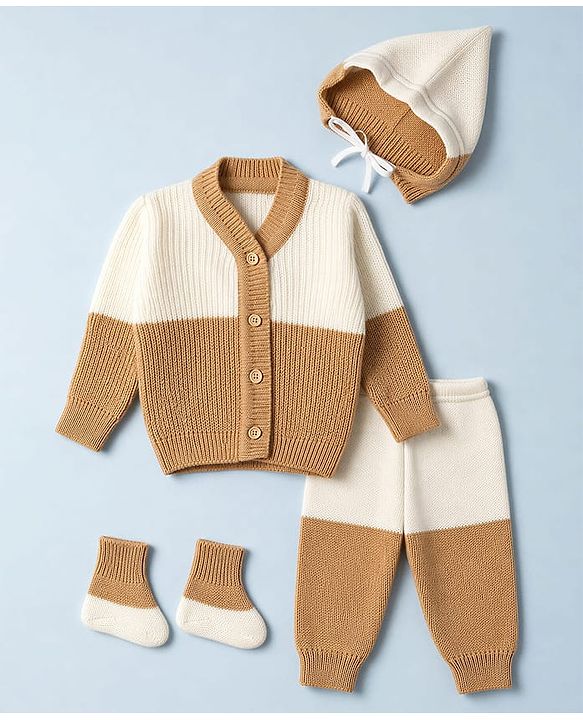 Babyhug Knit Full Sleeves Color Block Sweater Set With Cap & Booties - White & Beige