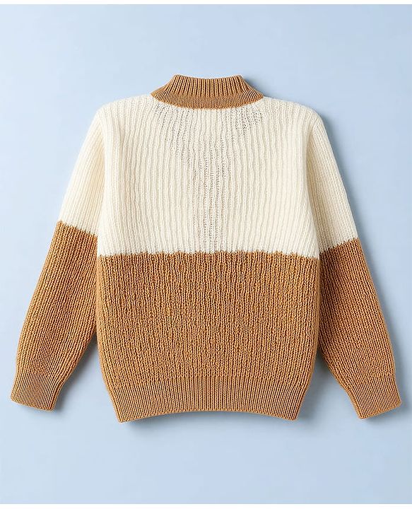 Babyhug Knit Full Sleeves Color Block Sweater Set With Cap & Booties - White & Beige
