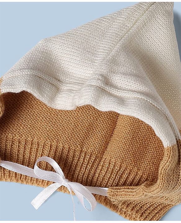 Babyhug Knit Full Sleeves Color Block Sweater Set With Cap & Booties - White & Beige