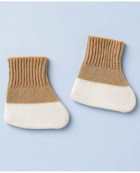 Babyhug Knit Full Sleeves Color Block Sweater Set With Cap & Booties - White & Beige