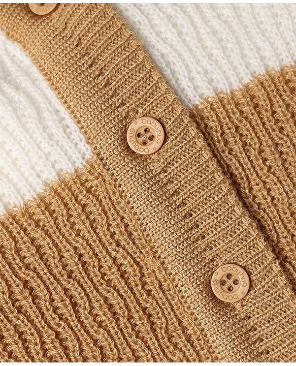 Babyhug Knit Full Sleeves Color Block Sweater Set With Cap & Booties - White & Beige