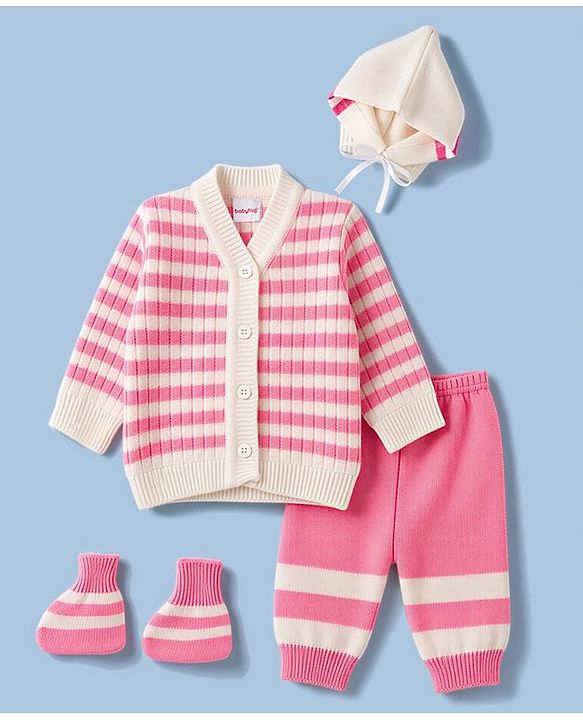 Babyhug Knit Full Sleeves Striped Sweater Set With Cap & Booties Set - Pink