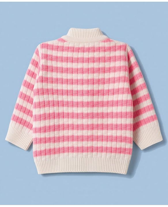 Babyhug Knit Full Sleeves Striped Sweater Set With Cap & Booties Set - Pink