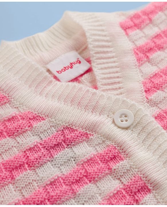 Babyhug Knit Full Sleeves Striped Sweater Set With Cap & Booties Set - Pink
