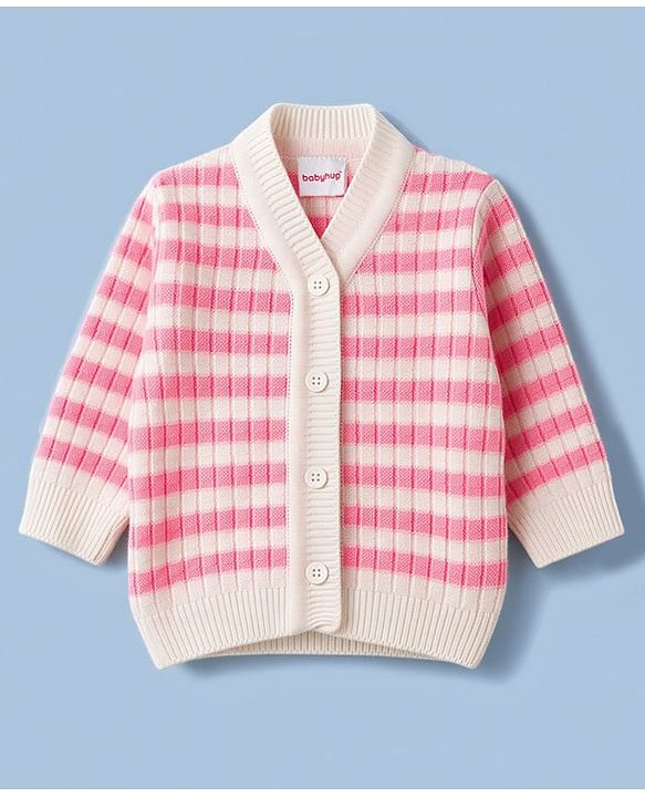 Babyhug Knit Full Sleeves Striped Sweater Set With Cap & Booties Set - Pink