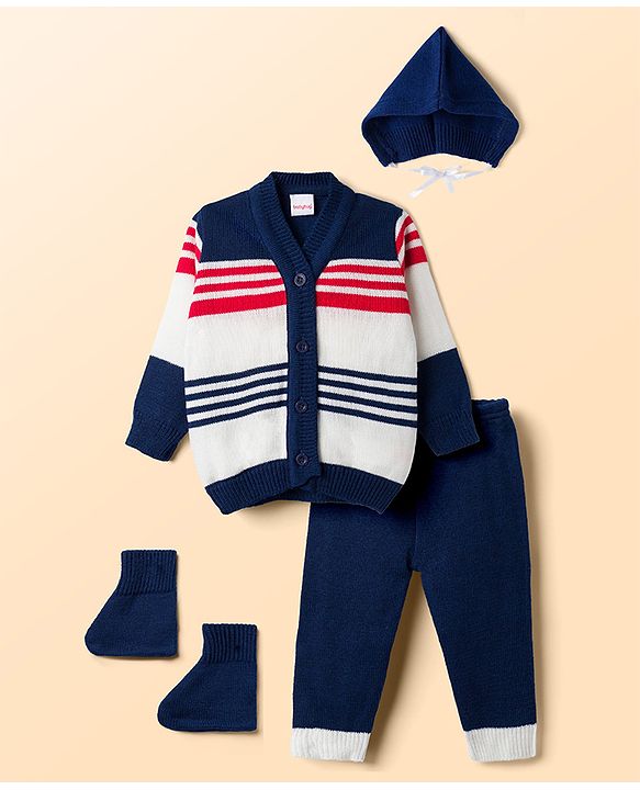Babyhug Knit Full Sleeves Striped Sweater Set With Cap & Booties - Navy Blue