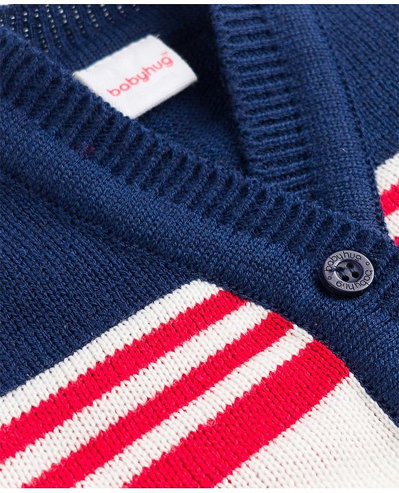 Babyhug Knit Full Sleeves Striped Sweater Set With Cap & Booties - Navy Blue