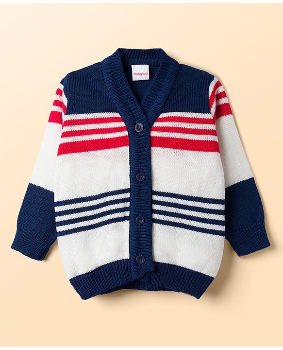 Babyhug Knit Full Sleeves Striped Sweater Set With Cap & Booties - Navy Blue
