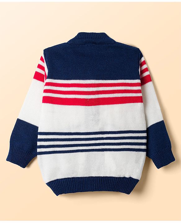 Babyhug Knit Full Sleeves Striped Sweater Set With Cap & Booties - Navy Blue