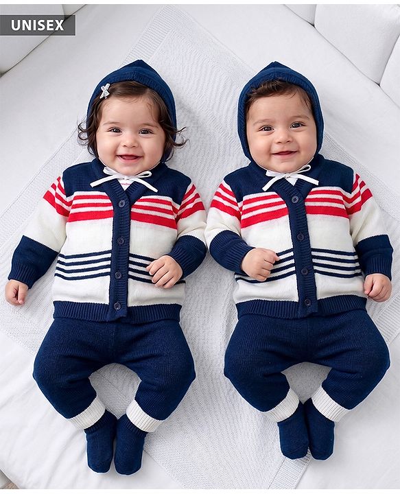 Babyhug Knit Full Sleeves Striped Sweater Set With Cap & Booties - Navy Blue